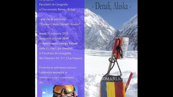 Proiectie: "Traseul Cassin, Denali, Alaska" cu Cosmin Andron, la Cluj