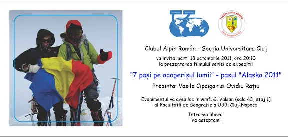 Proiectie: "Ascensiune pe Denali / McKinley (Alaska)", marti 18 Oct. la Cluj